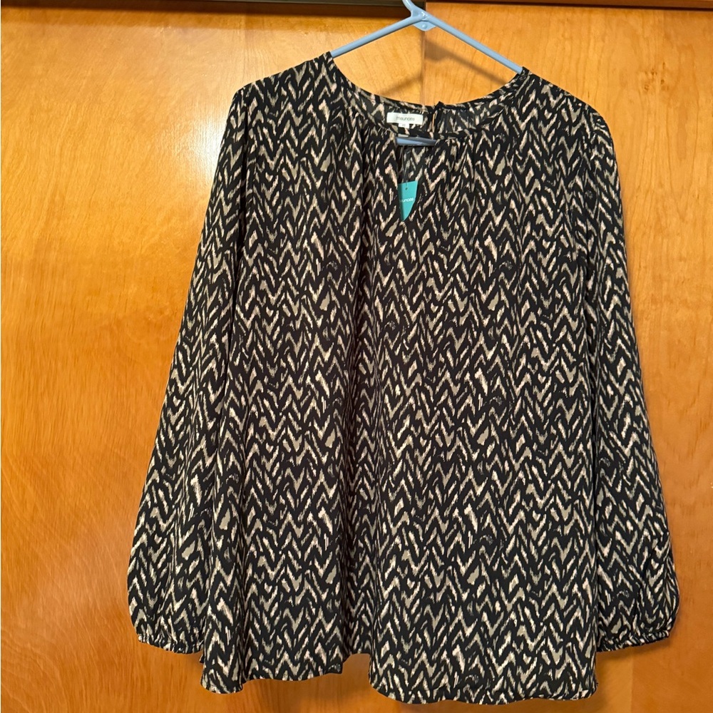 Maurices Black and Tan Graphic Blouse with Mandarin Collar